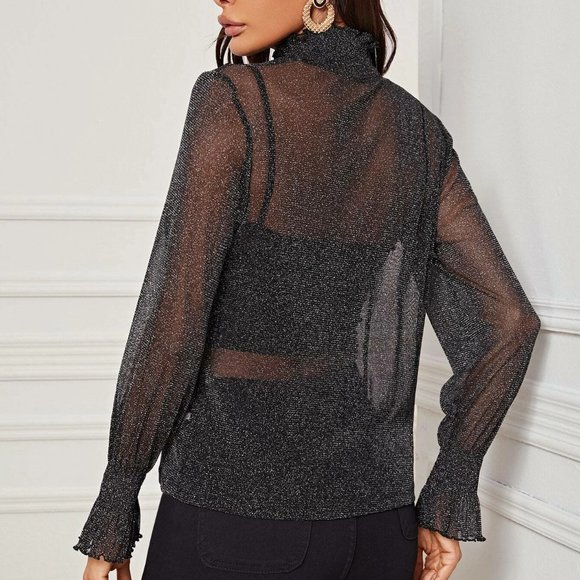3/$25💦Black Sheer LS Top with ruffled sheer NWOT - Picture 7 of 9
